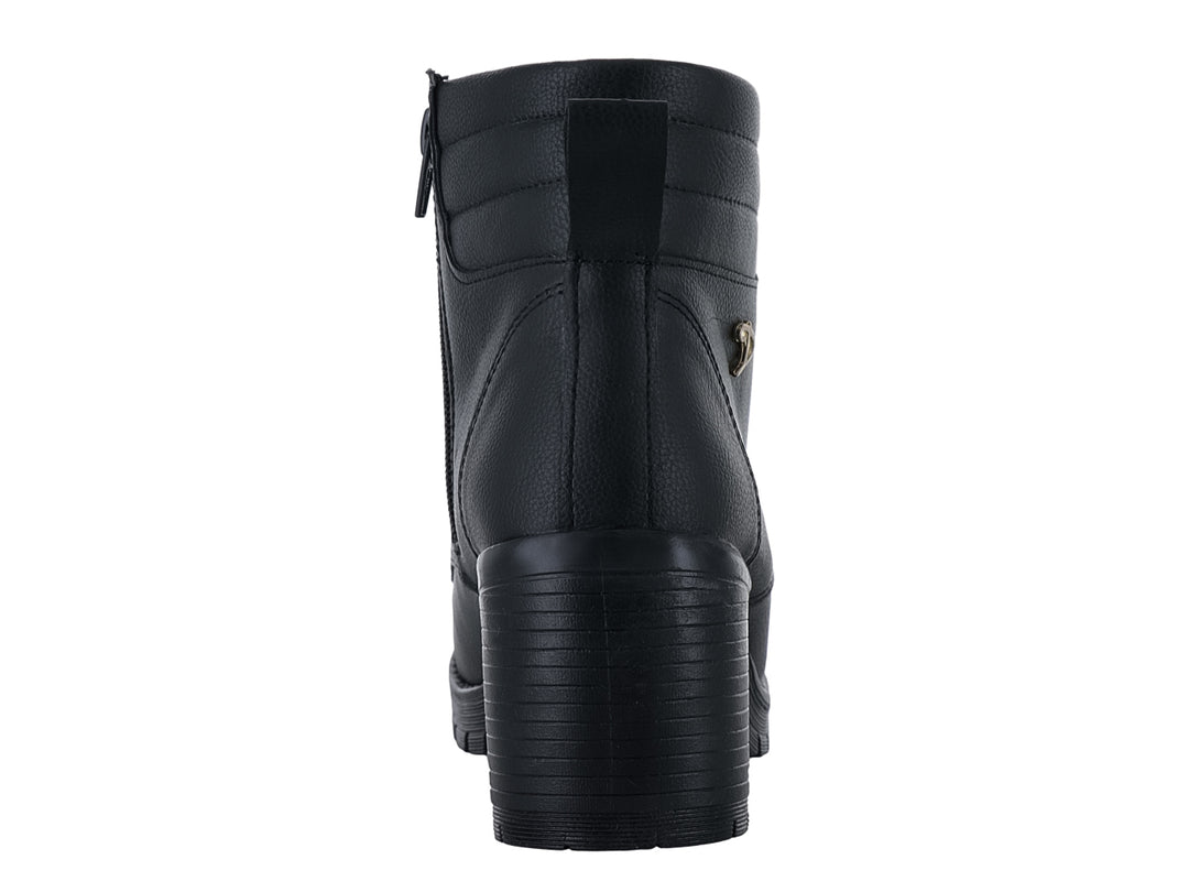 Bota negra para Mujer con tacón grueso, suela track y detalles dorados en los ojillos.
