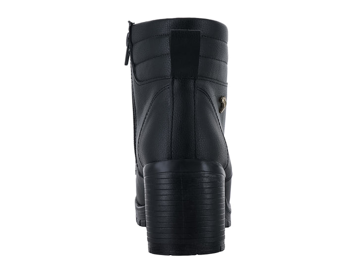 Bota negra para Mujer con tacón grueso, suela track y detalles dorados en los ojillos.