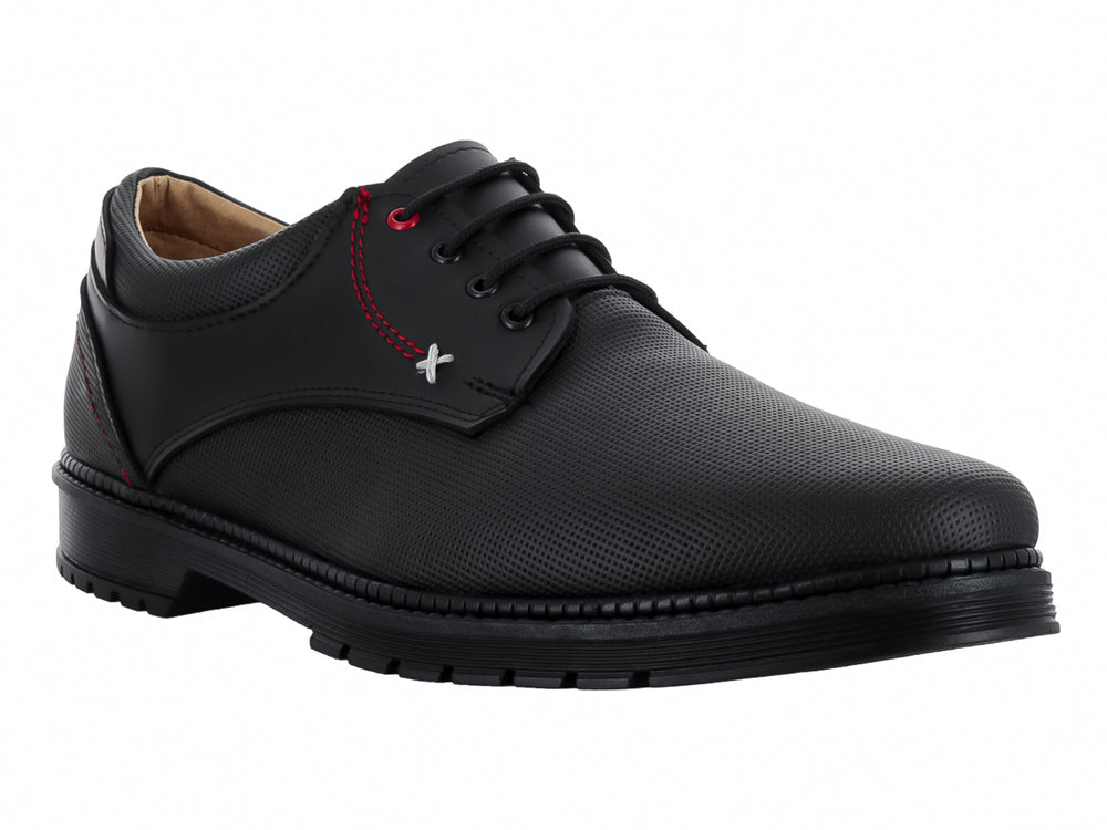Zapato formal negro de cordones con detalles de costuras rojas y talón café.