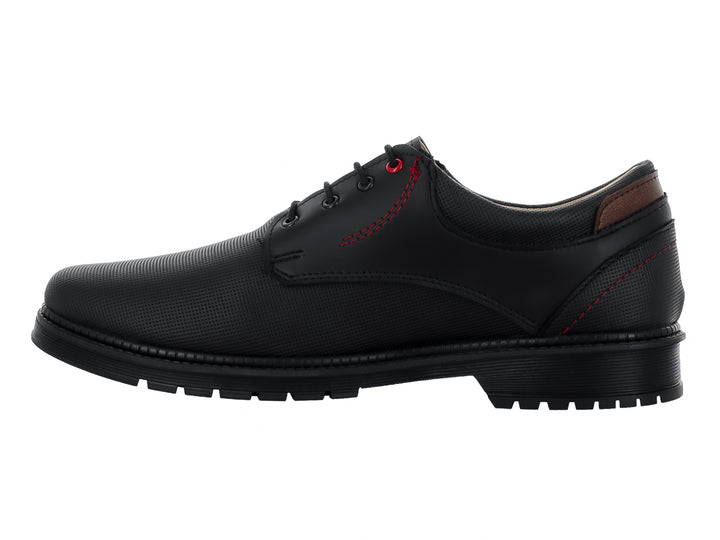Zapato formal negro de cordones con detalles de costuras rojas y talón café.