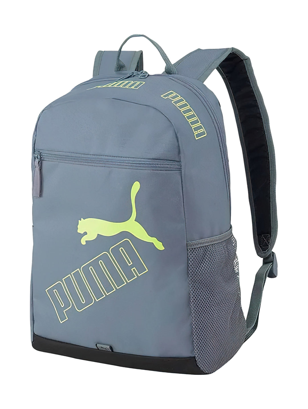 Mochila escolar PUMA color gris con detalles en amarillo neón y base negra.