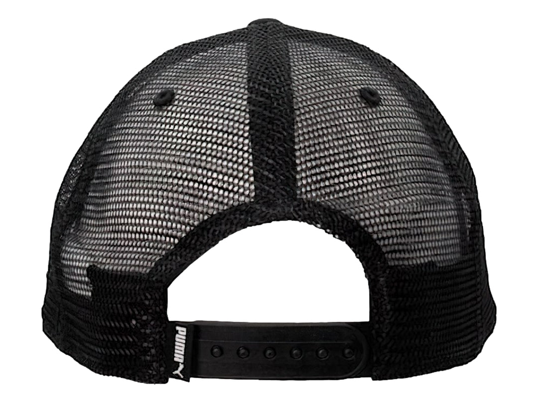 Gorra PUMA estilo trucker con panel frontal gris, visera y malla posterior en color negro.