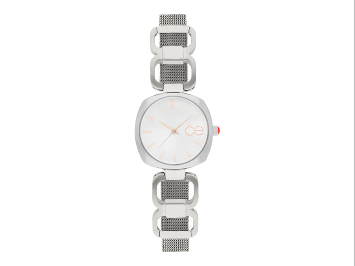 Reloj análogo Cloe para mujer en color plata con correa de malla metálica y esfera blanca.