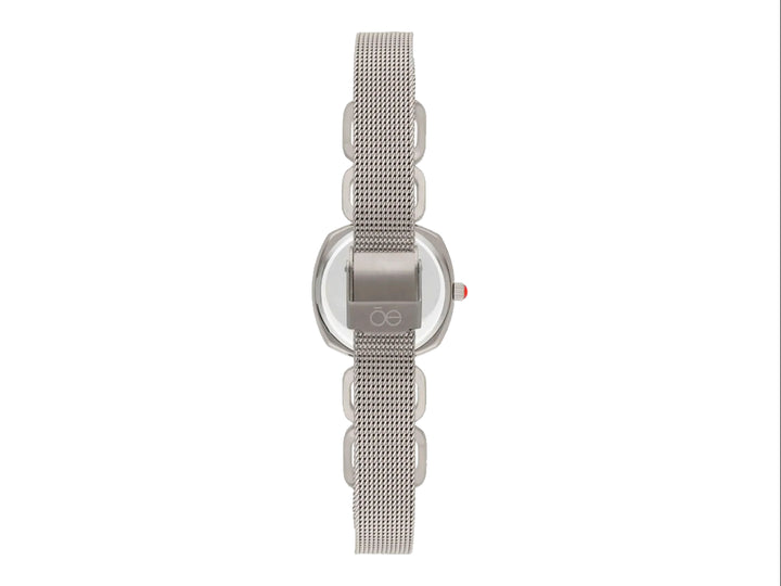 Reloj análogo Cloe para mujer en color plata con correa de malla metálica y esfera blanca.