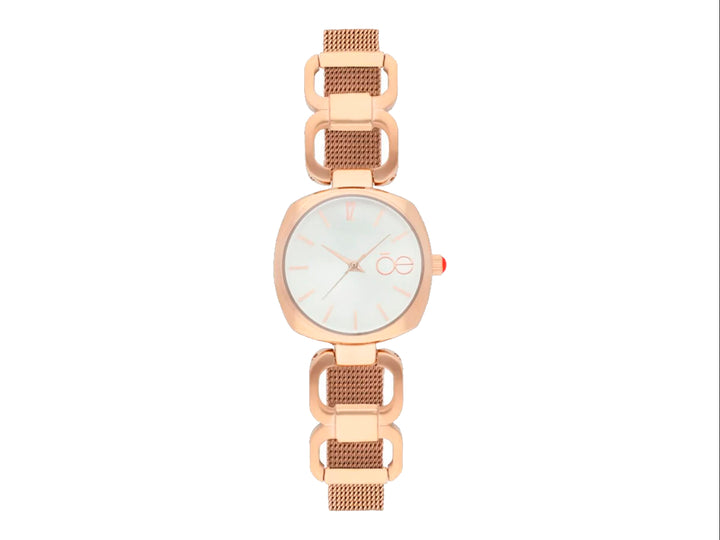 Reloj analógico Cloe para mujer en color oro rosa con correa de malla metálica y esfera blanca.