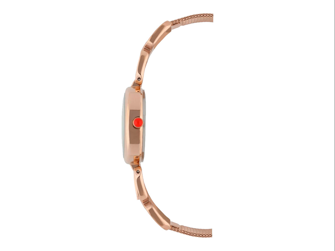 Reloj analógico Cloe para mujer en color oro rosa con correa de malla metálica y esfera blanca.