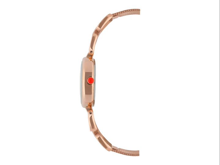 Reloj analógico Cloe para mujer en color oro rosa con correa de malla metálica y esfera blanca.