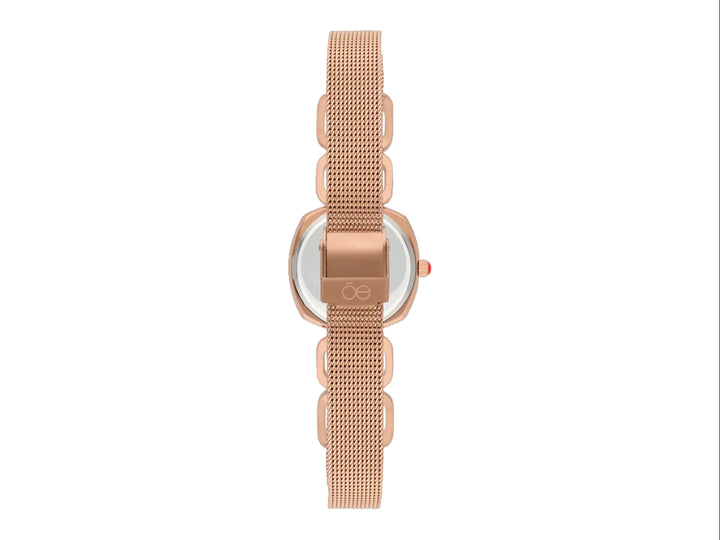Reloj analógico Cloe para mujer en color oro rosa con correa de malla metálica y esfera blanca.