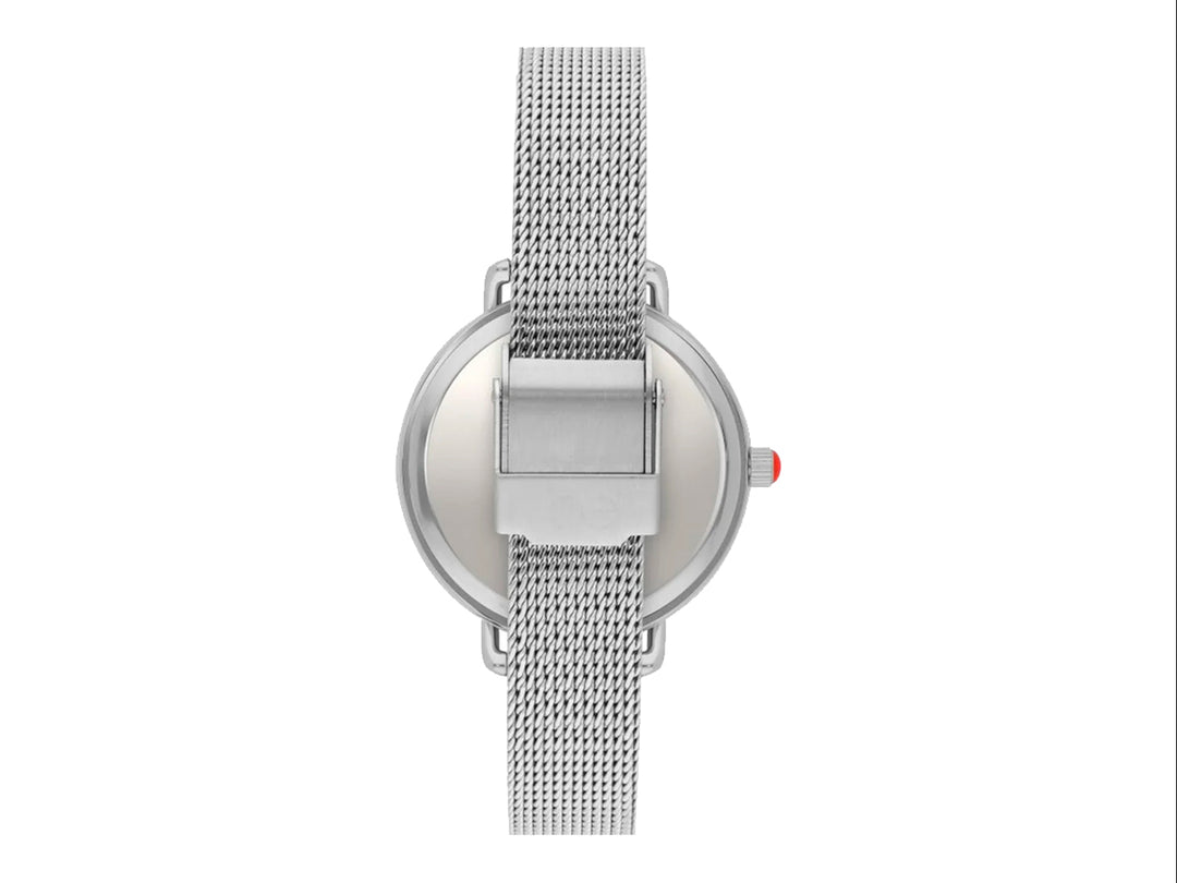 Reloj Cloe para mujer en color plata con correa de malla metálica y esfera blanca con detalles brillantes.