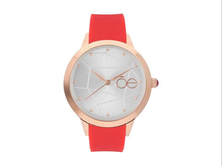 Reloj Cloe con correa color coral, caja en tono oro rosa y esfera blanca con detalles geométricos.