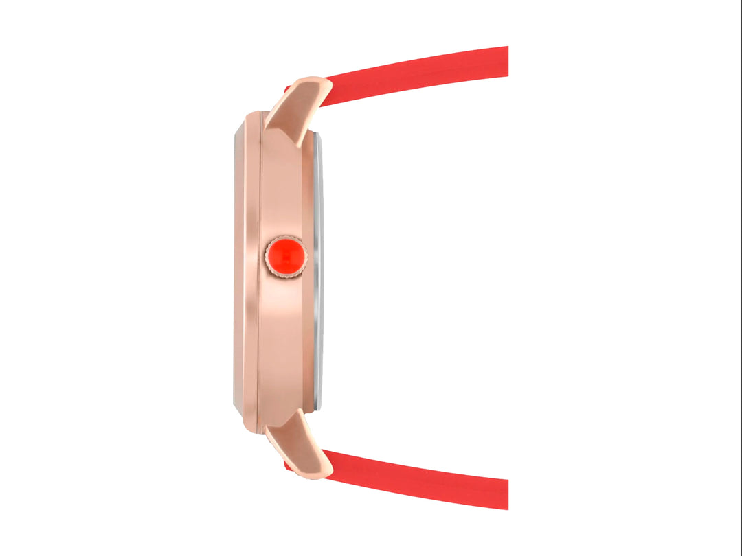 Reloj Cloe con correa color coral, caja en tono oro rosa y esfera blanca con detalles geométricos.