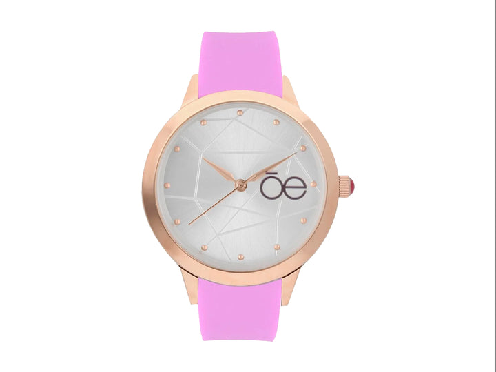 Reloj Cloe con correa morada, caja oro rosa y esfera blanca con diseño geométrico.