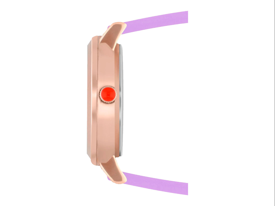Reloj Cloe con correa morada, caja oro rosa y esfera blanca con diseño geométrico.
