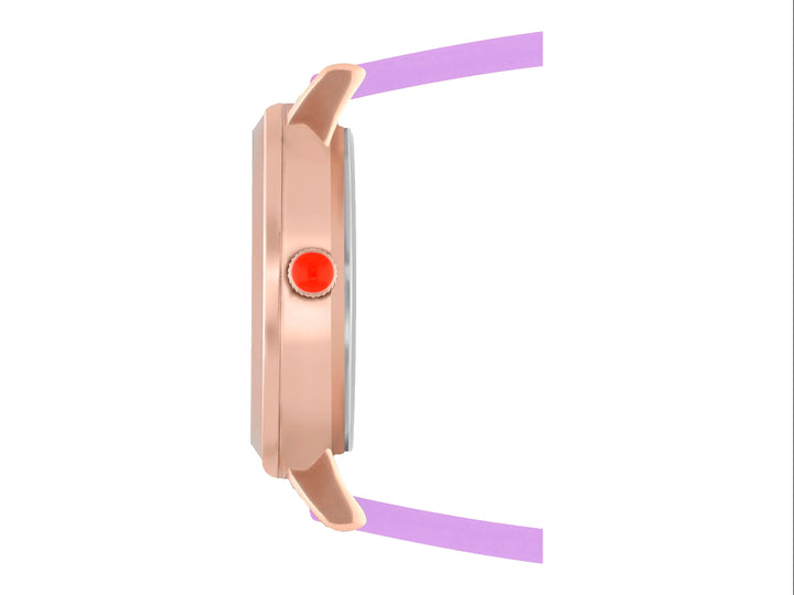 Reloj Cloe con correa morada, caja oro rosa y esfera blanca con diseño geométrico.