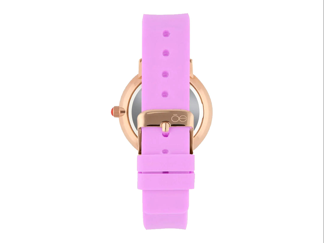 Reloj Cloe con correa morada, caja oro rosa y esfera blanca con diseño geométrico.