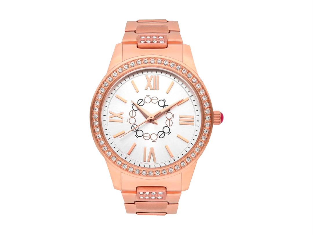 Reloj analógico Cloe color oro rosa con esfera blanca, números romanos y detalles de cristales.