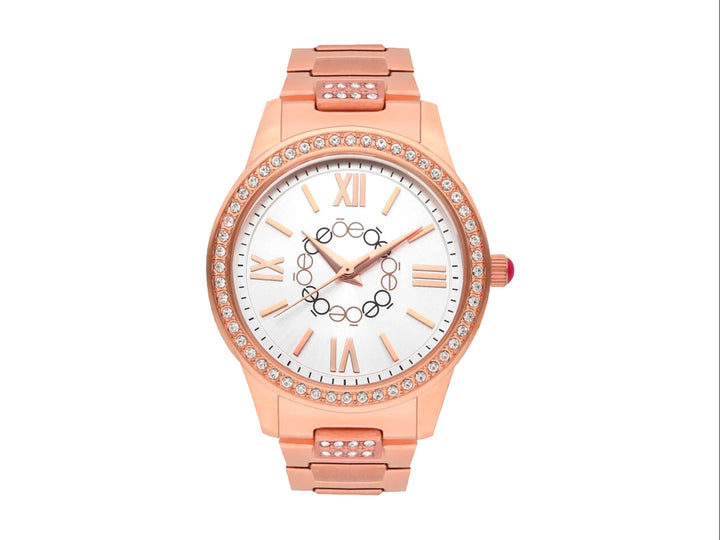 Reloj analógico Cloe color oro rosa con esfera blanca, números romanos y detalles de cristales.