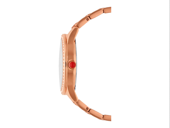 Reloj analógico Cloe color oro rosa con esfera blanca, números romanos y detalles de cristales.