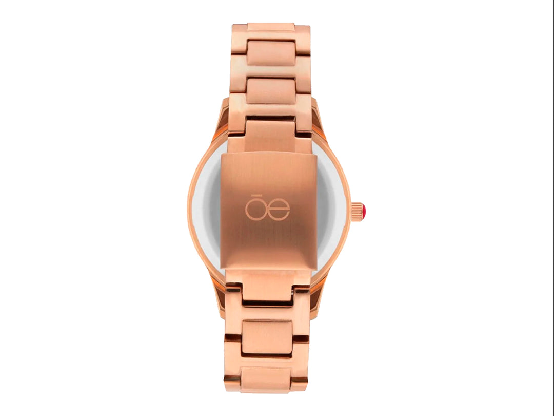 Reloj analógico Cloe color oro rosa con esfera blanca, números romanos y detalles de cristales.