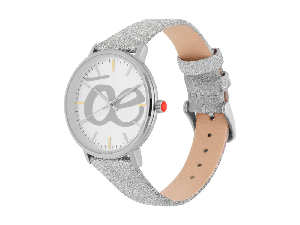 Reloj Cloe para mujer en color plata con correa brillante y esfera blanca.