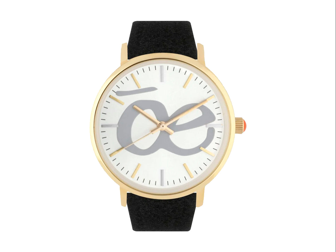 Reloj Cloe para mujer con correa negra, caja dorada y esfera blanca con diseño gris.