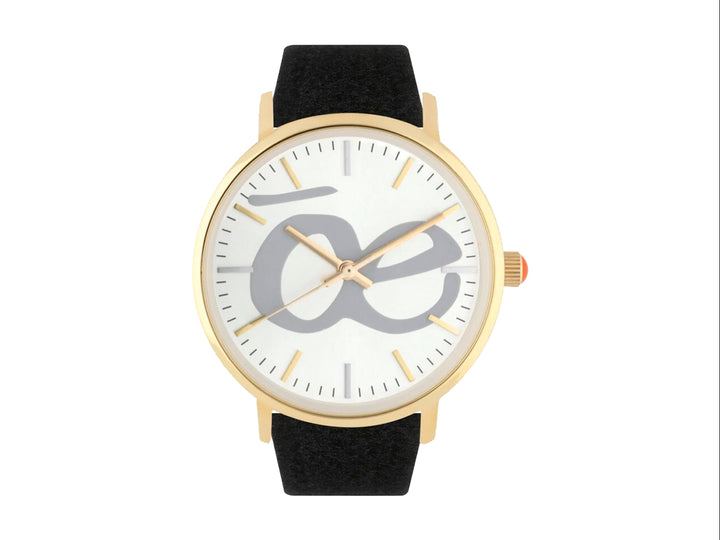 Reloj Cloe para mujer con correa negra, caja dorada y esfera blanca con diseño gris.