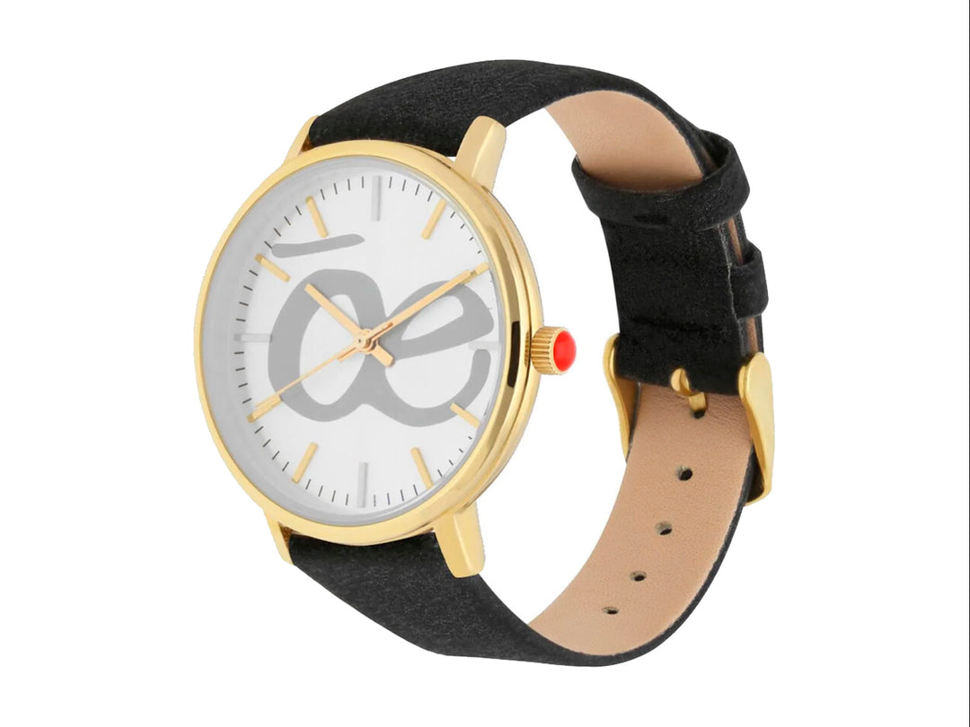 Reloj Cloe para mujer con correa negra, caja dorada y esfera blanca con diseño gris.