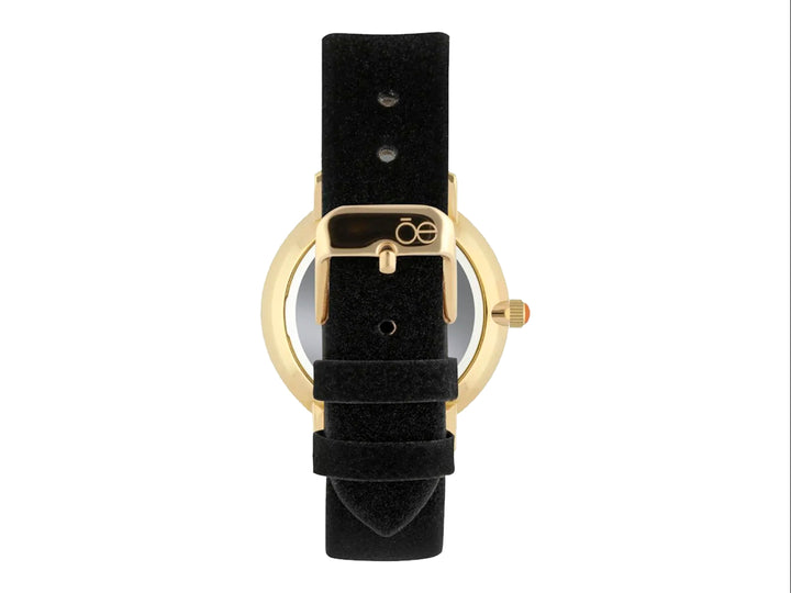 Reloj Cloe para mujer con correa negra, caja dorada y esfera blanca con diseño gris.