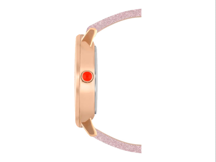 Reloj analógico Cloe con correa rosa brillante, caja en tono oro rosa y esfera blanca con detalles grises.