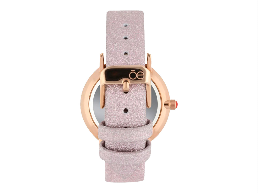 Reloj analógico Cloe con correa rosa brillante, caja en tono oro rosa y esfera blanca con detalles grises.