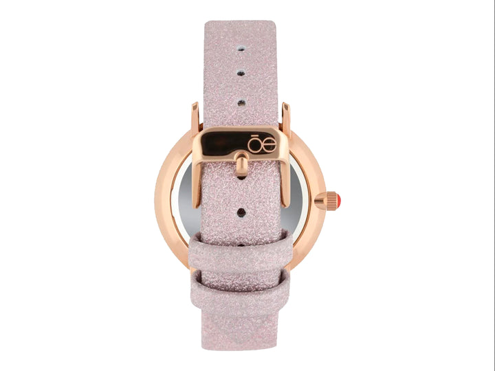 Reloj analógico Cloe con correa rosa brillante, caja en tono oro rosa y esfera blanca con detalles grises.