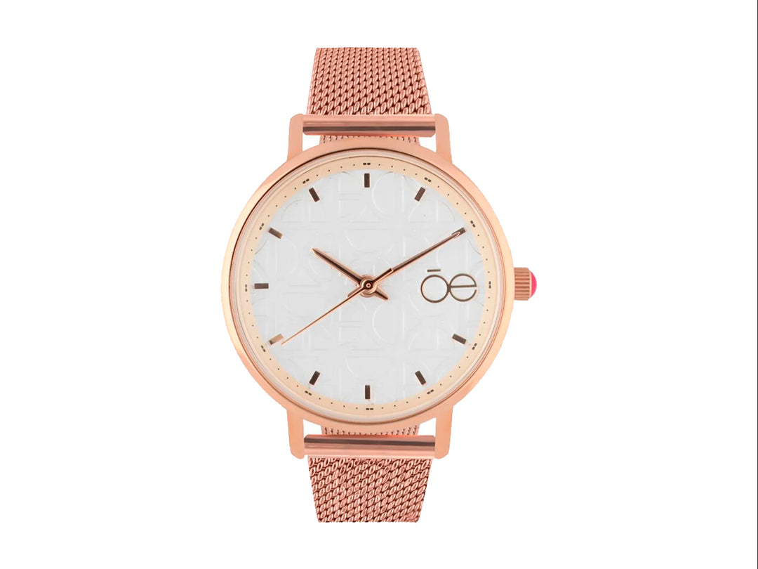 Reloj análogo Cloe para mujer en color oro rosa con correa de malla y esfera blanca.