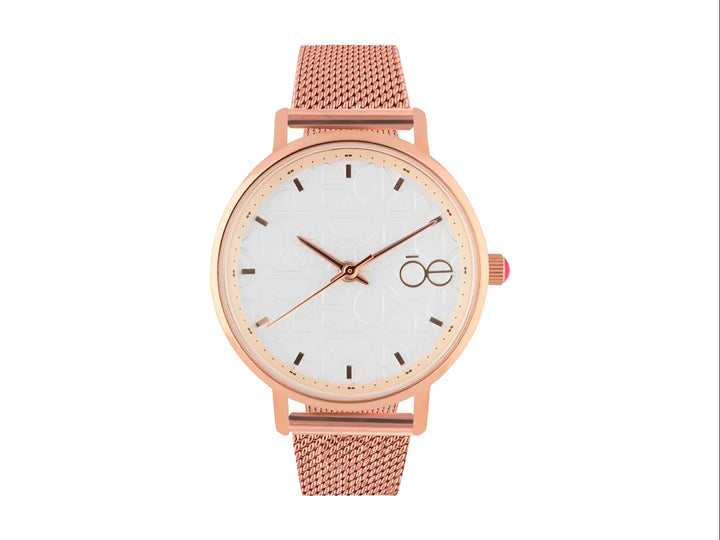 Reloj análogo Cloe para mujer en color oro rosa con correa de malla y esfera blanca.