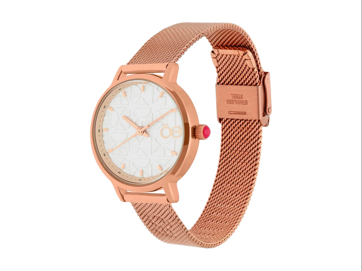 Reloj análogo Cloe para mujer en color oro rosa con correa de malla y esfera blanca.