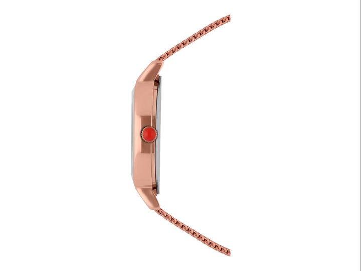Reloj análogo Cloe para mujer en color oro rosa con correa de malla y esfera blanca.
