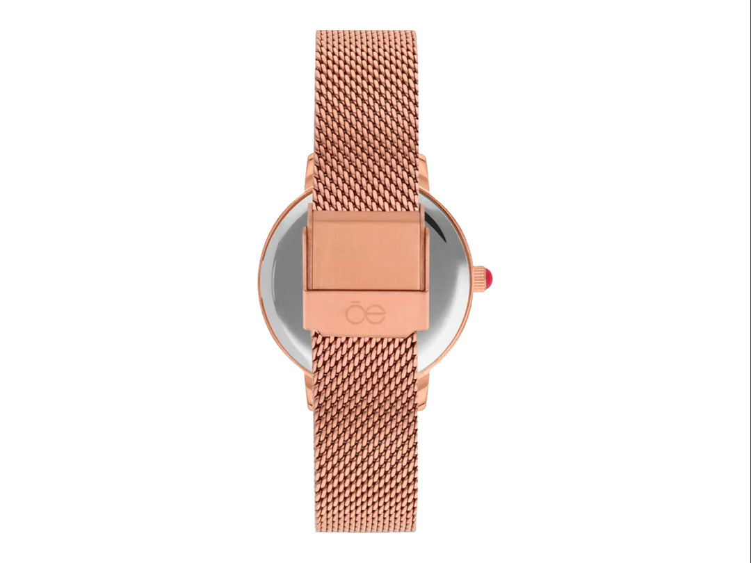 Reloj análogo Cloe para mujer en color oro rosa con correa de malla y esfera blanca.