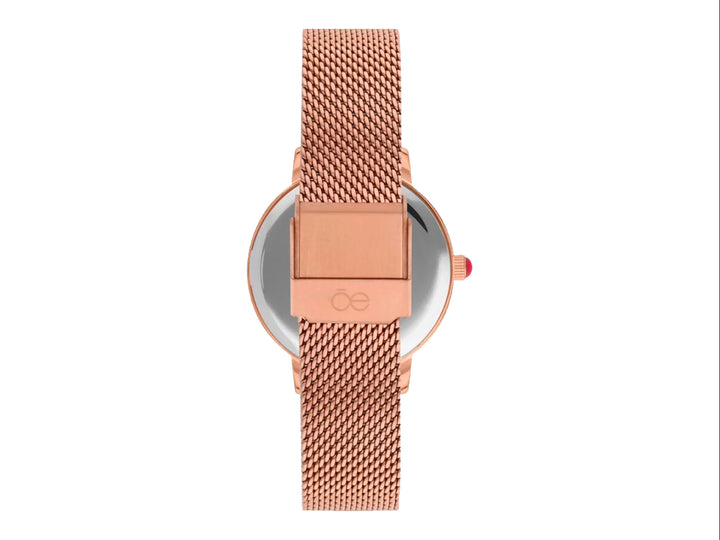 Reloj análogo Cloe para mujer en color oro rosa con correa de malla y esfera blanca.