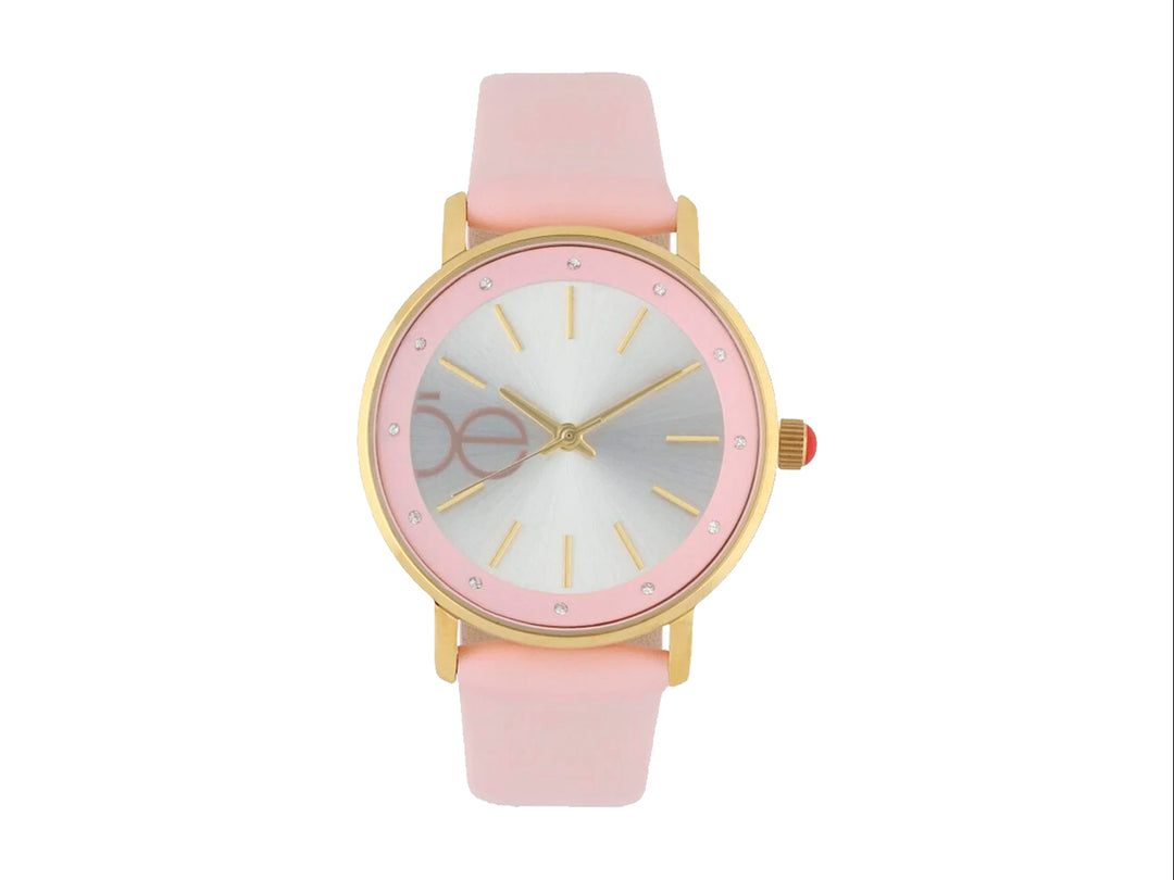 Reloj análogo Cloe para mujer con correa rosa y marco dorado.
