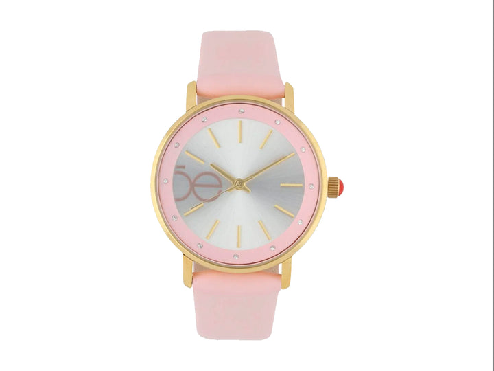 Reloj análogo Cloe para mujer con correa rosa y marco dorado.