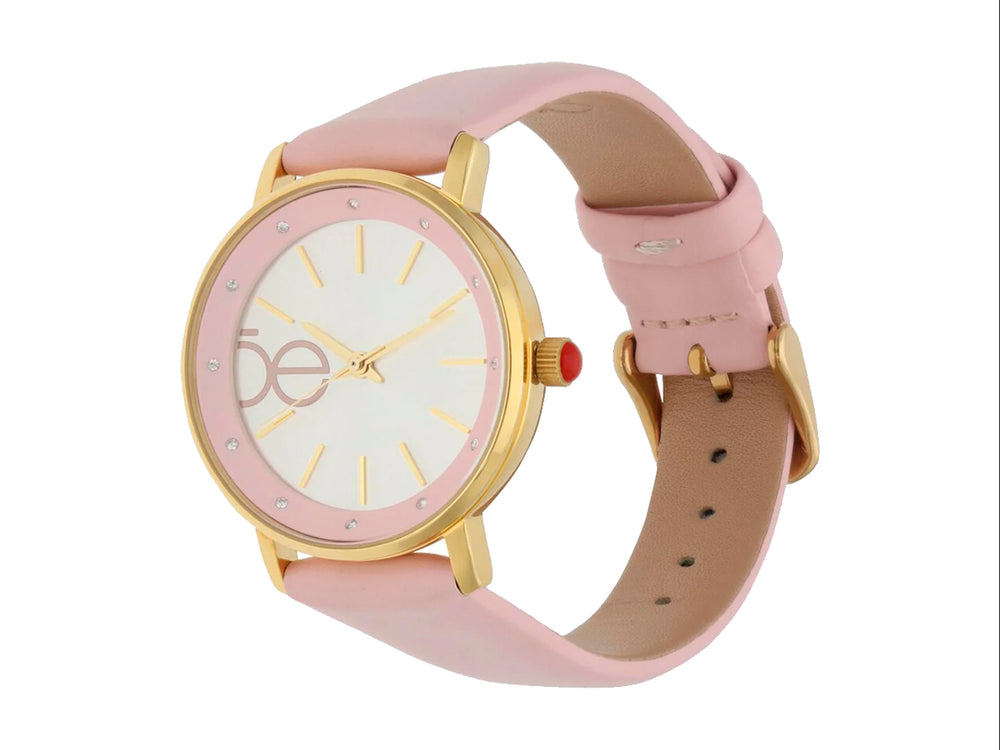 Reloj análogo Cloe para mujer con correa rosa y marco dorado.