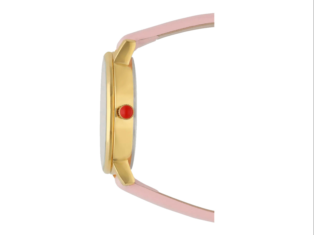 Reloj análogo Cloe para mujer con correa rosa y marco dorado.