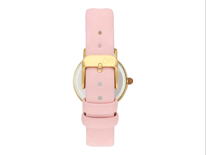 Reloj análogo Cloe para mujer con correa rosa y marco dorado.