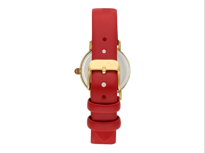 Reloj análogo Cloe con correa roja, caja dorada y esfera blanca con detalles minimalistas.