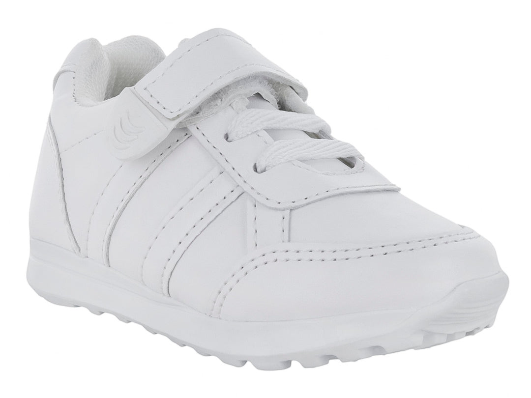 Tenis escolares blancos para niño o niña con cierre de velcro y agujetas.