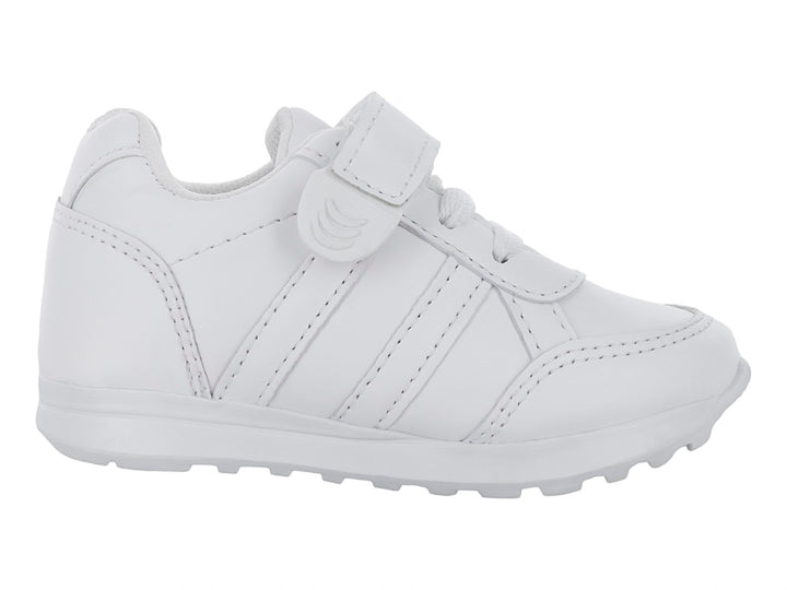 Tenis escolares blancos para niño o niña con cierre de velcro y agujetas.