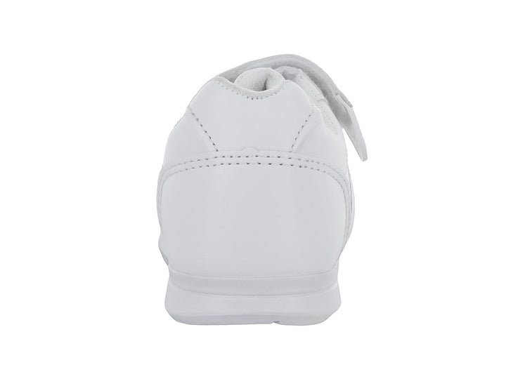 Tenis escolares blancos para niño o niña con cierre de velcro y agujetas.