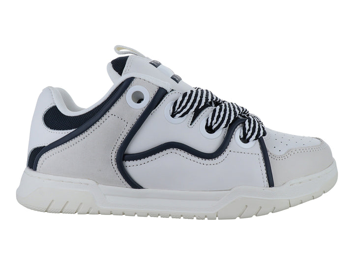Tenis Tommy Hilfiger color blanco con detalles en azul marino y cordones a rayas.