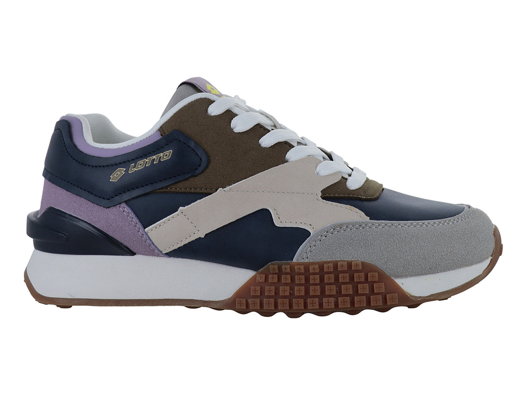 Tenis deportivos Lotto multicolor en azul marino, beige y morado con suela blanca y marrón.