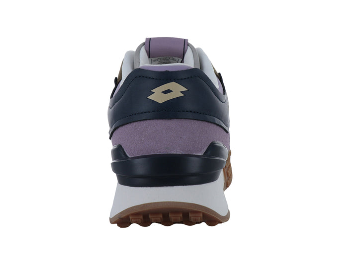 Tenis deportivos Lotto multicolor en azul marino, beige y morado con suela blanca y marrón.