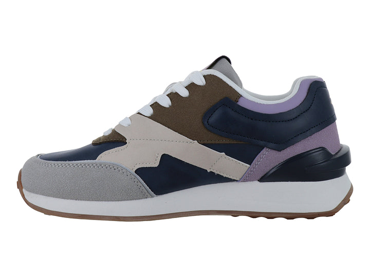 Tenis deportivos Lotto multicolor en azul marino, beige y morado con suela blanca y marrón.